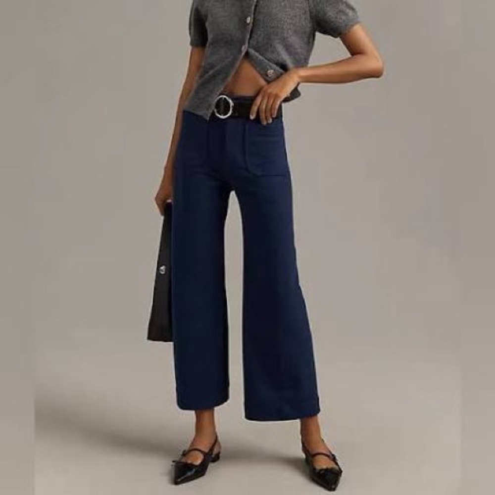 ANTHROPOLOGIE Maeve Colette Pants Women's Navy Wide Leg Stretch Linen Blend